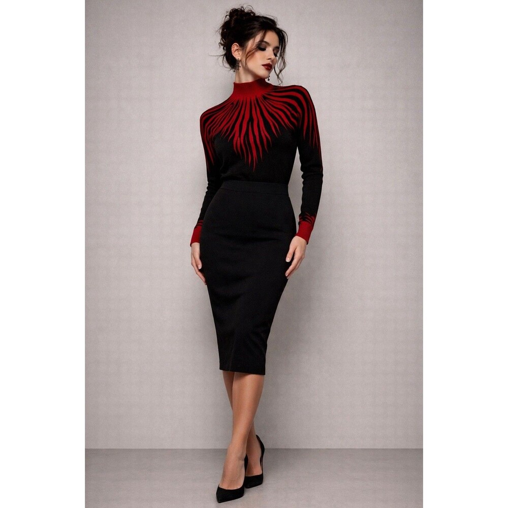 Vintage Red Black Flame Pattern Knit Sweater Mock Neck Long Sleeve S